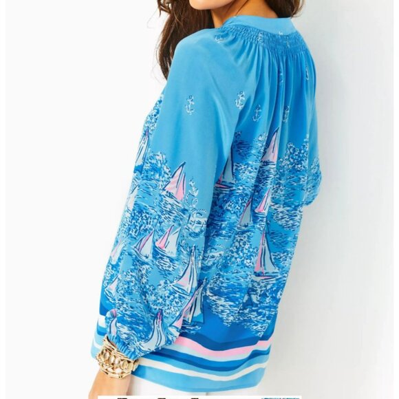 Lilly Pulitzer Elsa Silk Top Blouse in Lunar Blue A Lil Nauti - Picture 4 of 11